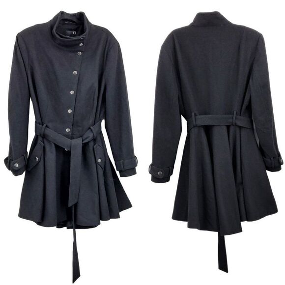 ASOS Curve Peacoat Wool Feminine Military Belted Long Black 16 Trenchcore - Picture 4 of 17